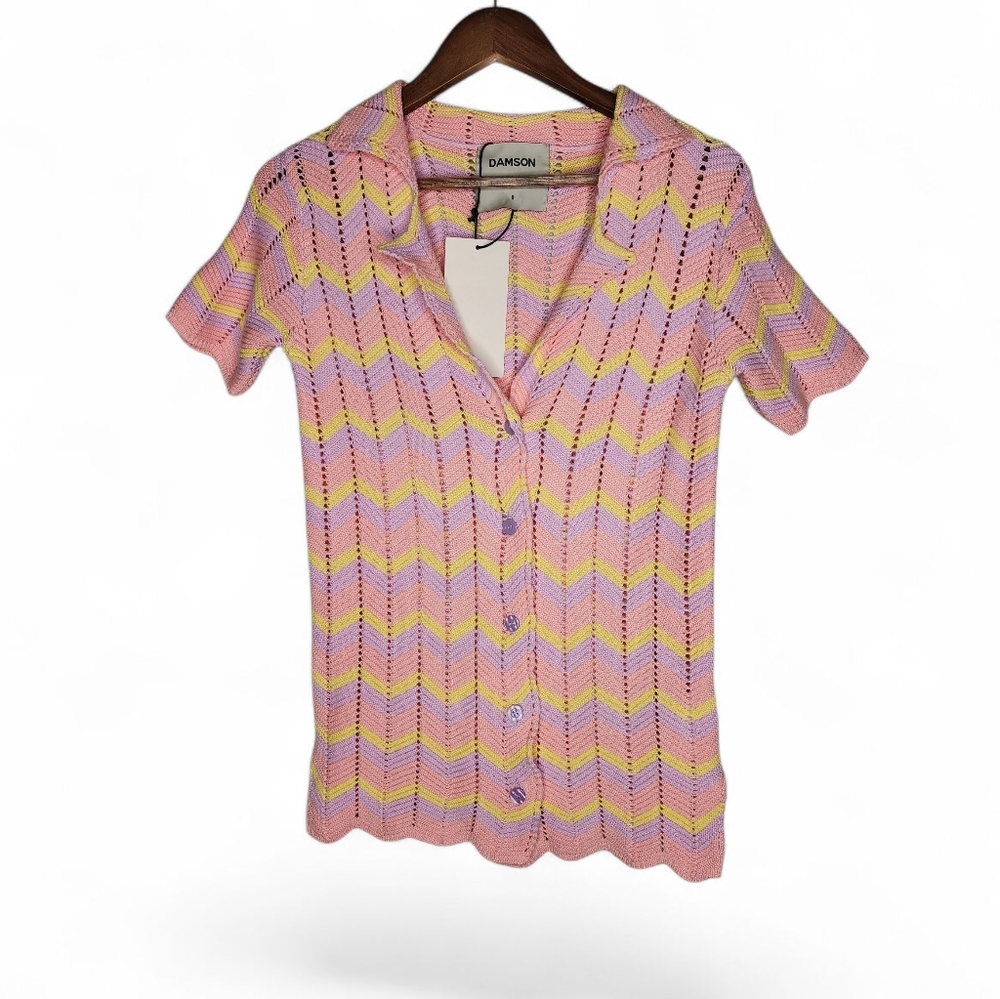 Damson Madder Button Front Crochet Shirt in Pink Zigzag Size 8 New With Tags